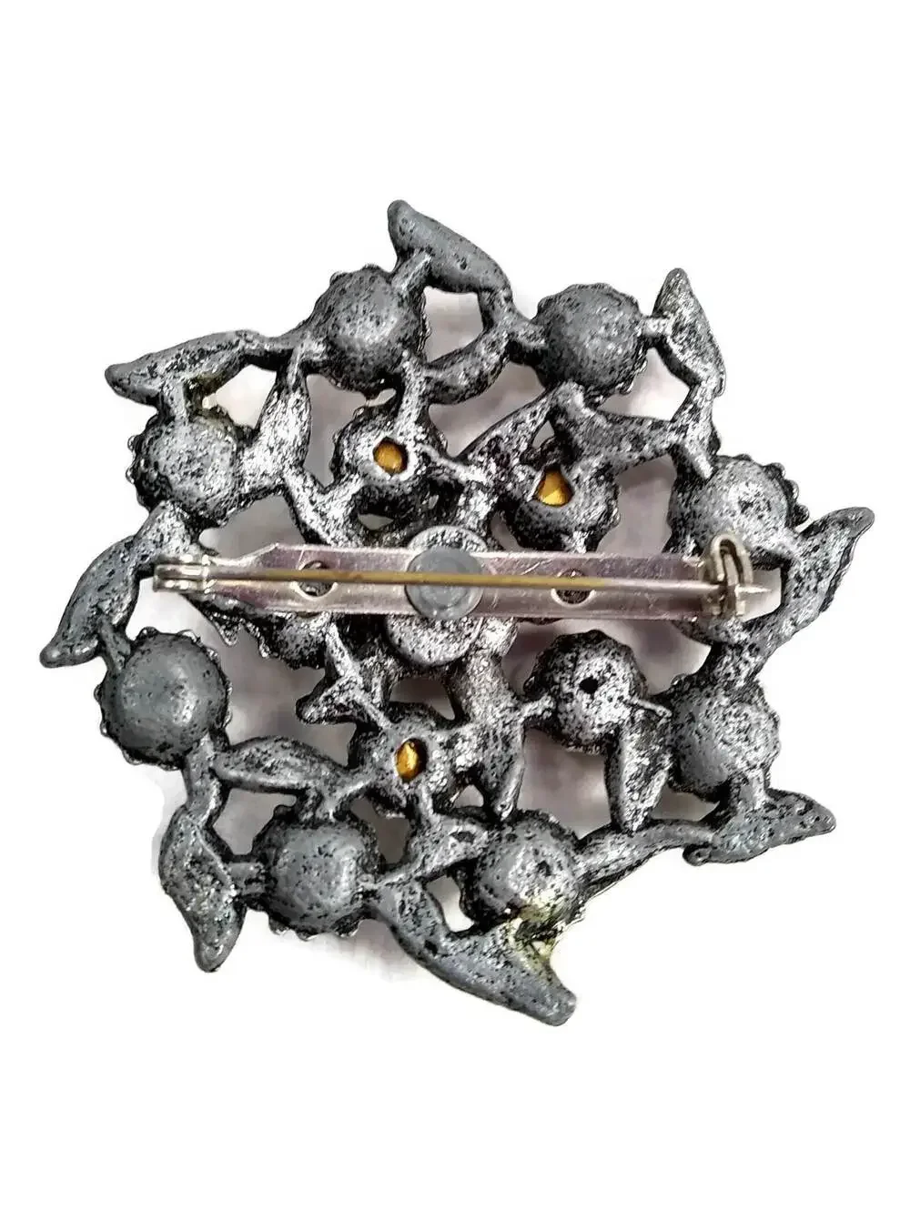 Vintage Dark Silver Tone, Clear & Gray Rhinestones Wreath Brooch, Pewter Brooch.